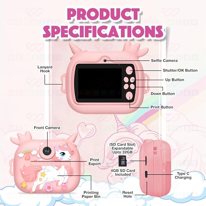 Wembley Kids Camera Instant Print with Dual Lens | Birthday Gift Toys for Boys & Girls 3–10 Years | Unicorn Digital Toddler Camera Thermal Printer | Selfie & Video | Rechargeable | 32GB SD Card Pink