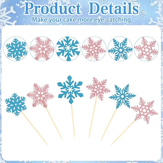 Snowflake Cupcake Toppers, 24 PCS Glitter Winter Frozen Cupcake Picks Cake Decorations, Blue and Pink Snowflake Food Picks Toppers for Christmas Winter Wonderland Baby Shower Party Decoration Supplies