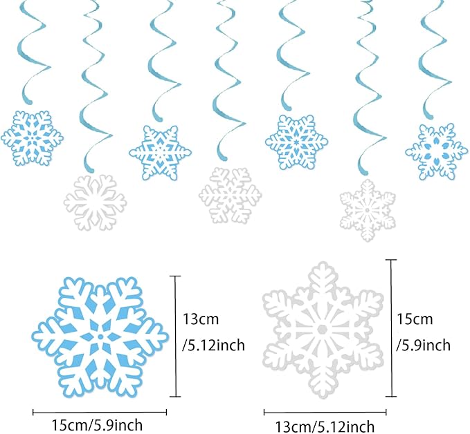 Zwiebeco Blue White Snowflakes Happy Birthday Party Decoration Sign Banner Hanging Paper Swirls for Kids Girls Womens Adults Winter Wonderland Themed Accessories Supplies