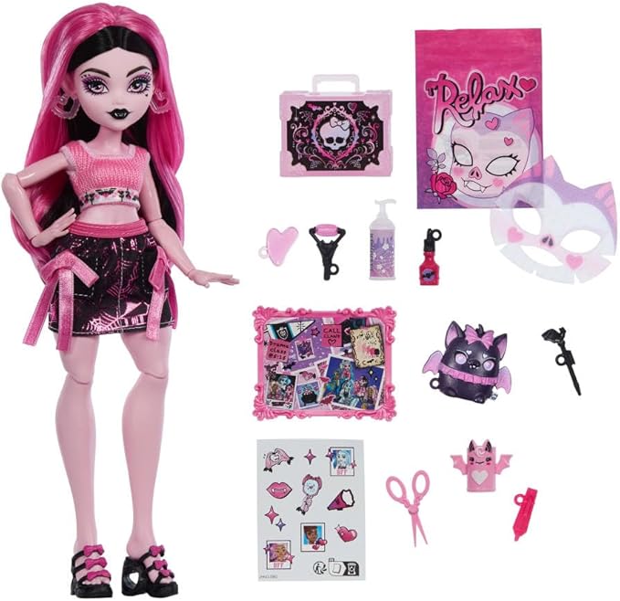 Monster High Self-Scare Secrets Draculaura Doll and Accessories Set with 13 Realistic Surprises Like Working Face Roller and Customizable Mood Board
