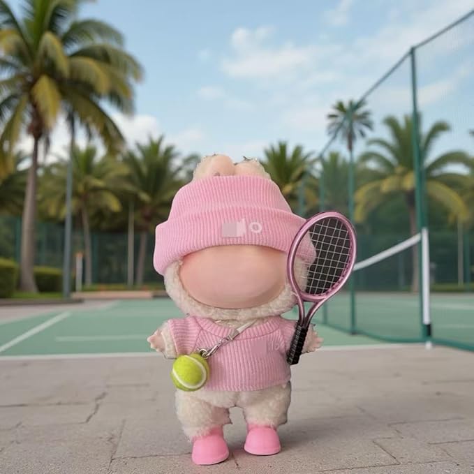17cm Doll Clothes for Lububu Dolls，Designer Jerseys Clothes Suitable for lububu Dolls Outfits and Accessories Set， Includes top + Pants + Tennis Racket + Ball Charm + Shoes (Pink)