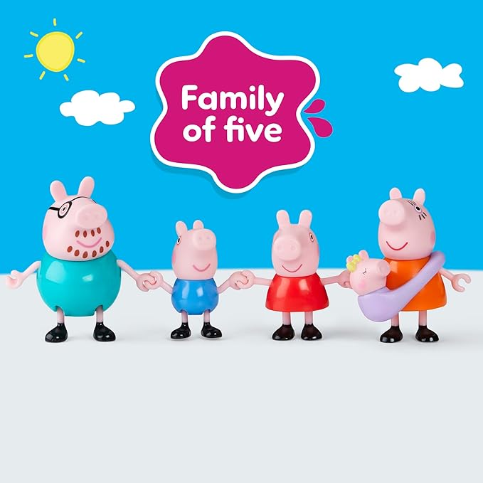 PEPPA PIG Peppa's Family of Five with Baby Evie, Poseable Figures Hold Hands, Preschool Toys for Girls and Boys 3 and Up