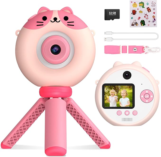 Kids Camera with Tripod, Digital Camera for Kids Aged 3-12, HD Kids Digital Camera with 1080P Video Recording, Durable ABS Material, Toys Camera for Boys Girls with 32GB Card(Pink)
