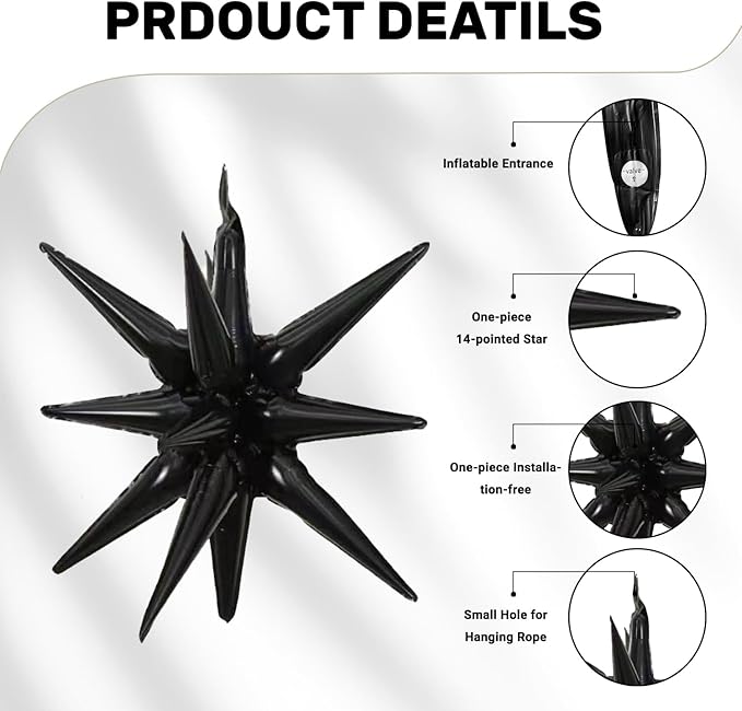6 Pcs White Black Star Foil Balloons One-Piece 14-Pointed Star Balloon 4D Starburst Cone Mylar Balloon 22inch Christmas Birthday Wedding Wedding Anniversary Party Supplies (White + Black)