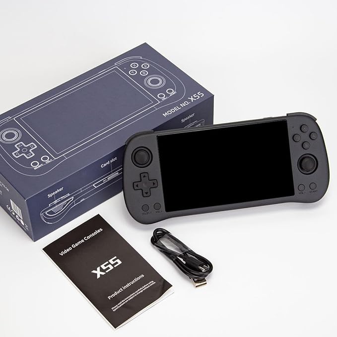 Powkiddy X55 Handheld Retro Game Console Built-in 20,000 Games 128G 5.5-Inch IPS Screen Video Gaming Console, RK3566 CPU, HDMI Interface (Black)