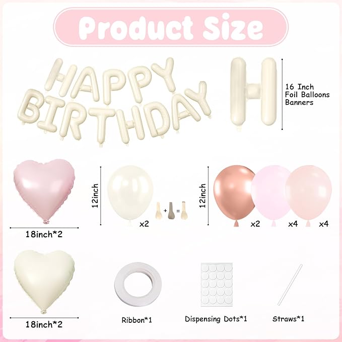 29PC Pink Heart Happy Birthday Balloon Banner, 16Inch 3D Aluminum Letter Banner Sign, Dusty Pink Rose Gold Pearl White Balloons 18 Inch Heart Foil Balloons for Baby Shower Decorations