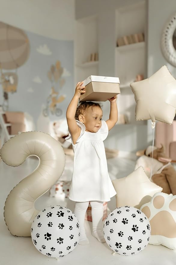 2nd Birthday Dog Paw Balloons Set,18'' Paw Prints, Heart,Star,Paw Shaped Foil Balloon 40''Cream Number 2 Helium balloons for Puppy Themed Baby Shower Second Birthday Party Decorations Supplies 6PCS