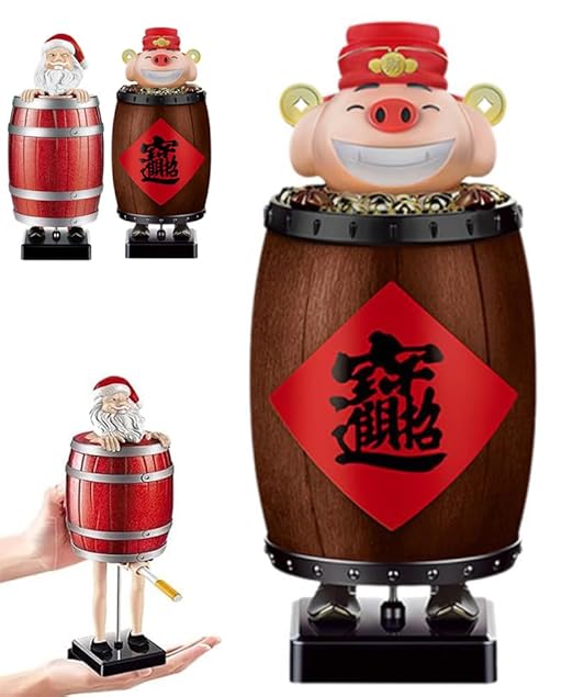 Funny Cigarette Dispenser, Novelty Gag Collectibles Prank Automatic Bounce Cigarette Case, Lucky Pig in The Wooden Barrel Cigarette Box, Prank Toy Gift for Man