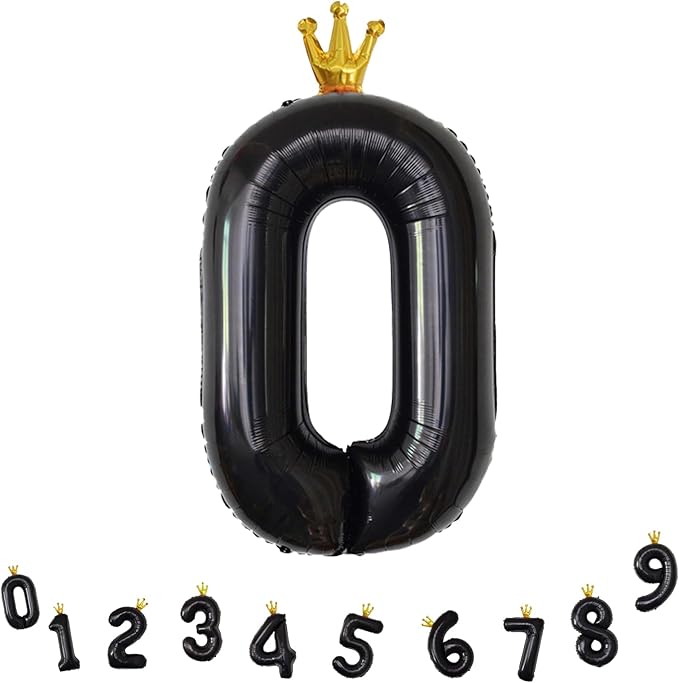 Crown Black Number 0 Balloons for Girls, 40 Inch Foil Large, Crown 0-9 Set Number Balloon for Boys Birthday Party Baby Shower Anniversary Graduation New Year Party Decoration Supplies