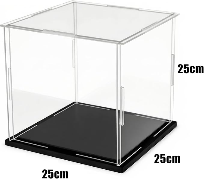 Clear Acrylic Display Case, Assemble Cube Display Box Stand with Black Base, Dustproof Protection Showcase for Collectibles Memorabilia Figurines (10x10x10inch; 25x25x25cm)