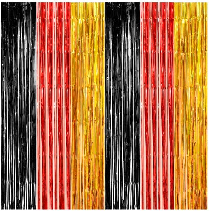 2 Pack Construction Foil Fringe Curtains, 3.3x6.6 Ft Black Gold and Red Tinsel Backdrop Party Decorations Door Streamers for Birthday Thanksgiving Day Engagement Decor,Photo Booth Props
