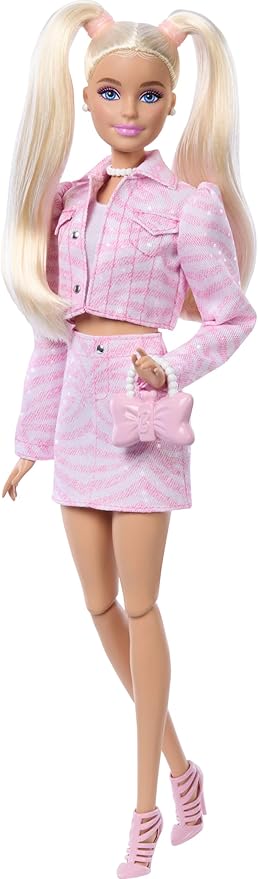 Barbie Deluxe Style Doll #9 in Pink Denim Outfit, Blonde Hair, Matching Jacket and Skirt Set with Accessories Like Bow Clutch and Pearly Jewelry