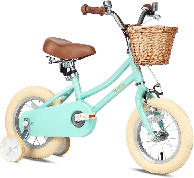 Petimini Vintage Kids Bike for Girls, 12–20 Inch Classic Bicycle with Wicker Basket & Bell, High Tensile Steel Frame, Training Wheels (12–18”), 85% Pre-Assembled, Retro Bike for Outdoor Riding