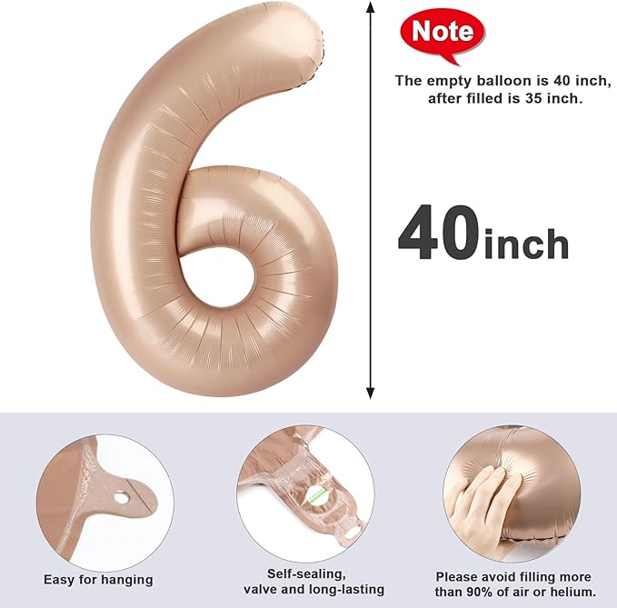 Number 6 Balloon 40 Inch, 6 7 Six Seven Birthday Decorations, 6th Birthday Balloon for Boy Girl, Light Brown 16 60 61 65 Numbers Balloons Graduations Anniversary Supplies