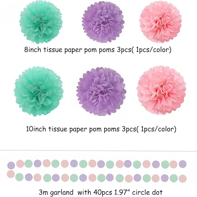 Pink-Purple Mint Mermaid Ocean-Themed Party-Decorations - 23pcs Tissue Pom Poms Streamers,Birthday Tassel Garland Banner,Wedding Engagement Baby Bridal Shower Decor Ouruola