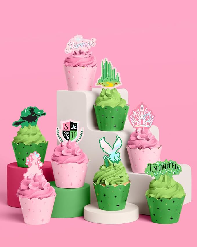 xo, Fetti Pink + Green Witch Cupcake Toppers + Wrappers - Set of 24 | Kids Cake Decoration, Popular Party Decor, Unlimited Wizard Supplies, Dessert Accessory