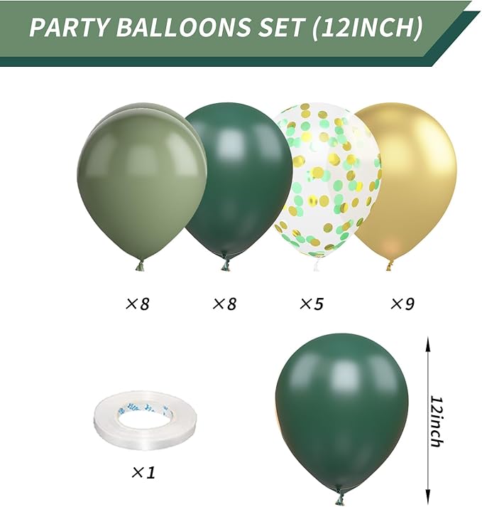 Green and Gold Balloons, 12 Inch Dark Emerald Green Sage Green Metallic Gold Balloon Green Gold Confetti Balloons for Birthday Wedding Christmas New Year Eve Party Decorations