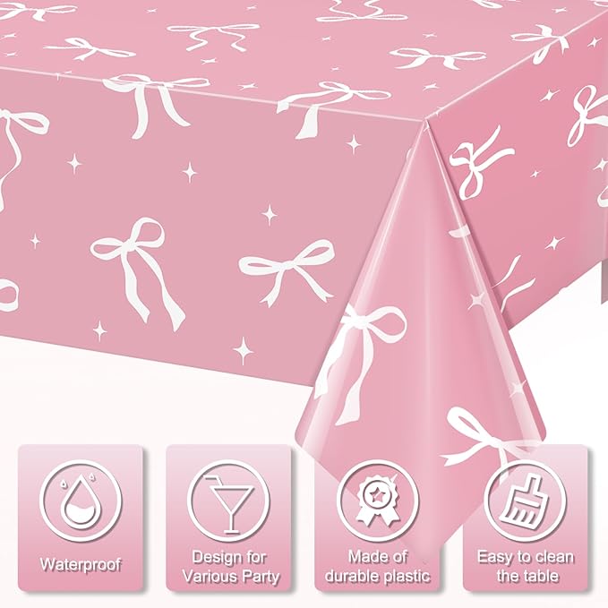 3Pcs Coquette Party Tablecloths Decorations,White Bow Plastic Table Cover Disposable Rectangle Table Cloth for Girls Birthday Bridal Wedding Party Supplies,54x108 Inch