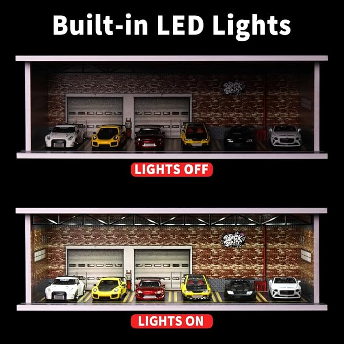 1/64 Hot diecast Wheels Cars Display case - 1/64 Scale Model Cars scenarios Display Box with LED Light and Acrylic Cover, Scenes Parking lot Diorama Storage Garage 6 Parking Spaces (Red Brick)