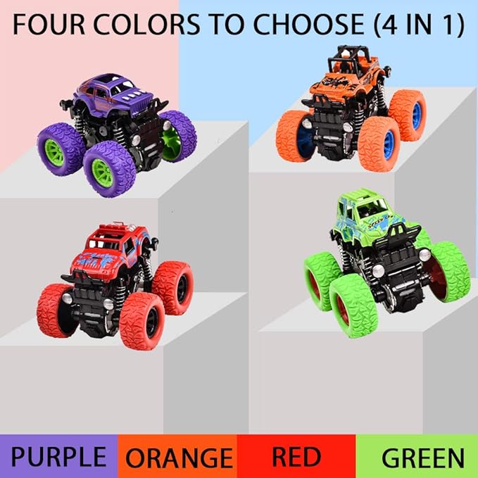 Monster Trucks for Boys, 4 Pack Pull Back Vehicles Cars for Toddlers, 360° Rotation 4 Wheels Drive Durable Friction Cars Powered Push and Go Toys Truck Playset Gift for 3 4 5 6 7 8 Year Old Kids Girls