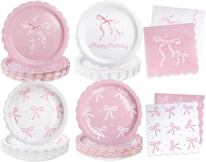 40 Pcs Pink Bow Plates and Napkins Tableware Sets for Bow Party Decorations, Pink Bow Birthday Decorations Which Can Serve 20