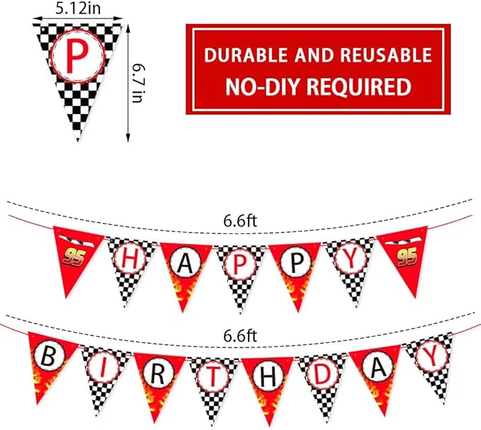 Race Car Happy Birthday Banner - Racing Themed Party Sign, Checkered Flag Decorations