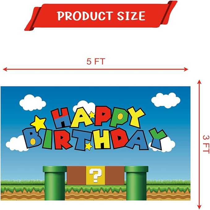 Super Bros Happy Birthday Party Backdrop, Baby Shower Cake Table Decoration Supplies, Super Bros Themed Banner (5X3FT)