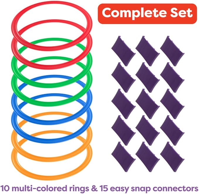 HEY! PLAY! Hopscotch Rings Game - Ten 11-Inch Plastic Rings and 15 Connectors for Indoor and Outdoor Use - Play Set for Girls-and Boys (Multicolored),(Pack of 2)