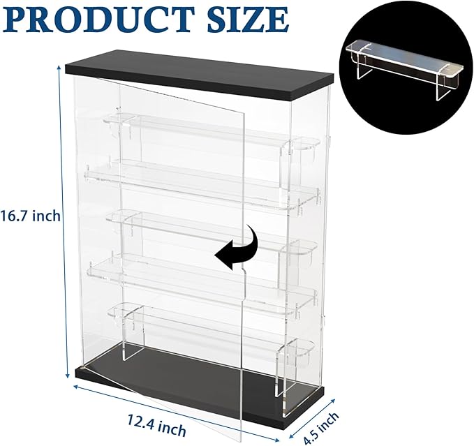 DuvinDD Acrylic Display Case for Collectibles with LED Light Top, 3-Shelves Clear Figure Display Case with Door, Dustproof Hot Wheels Display Case Storage Box Black(12.4x4.5x16.7inch)