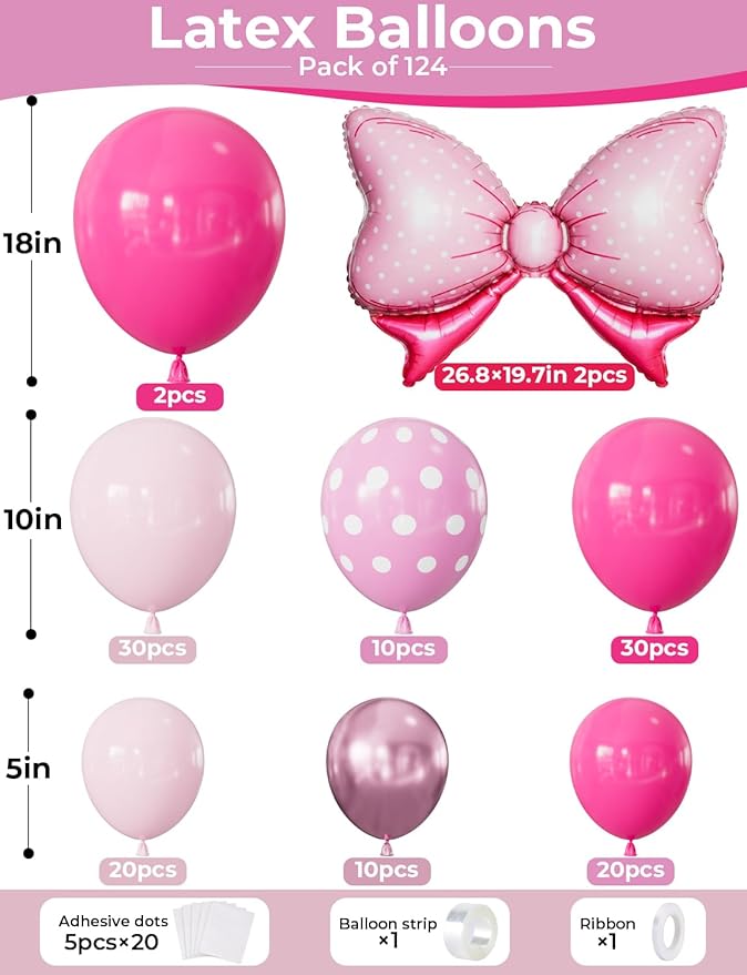 Pink Mouse Balloon Garland Arch Kit – 124 Pcs Hot Pink, Pastel and Polka Dot Balloons with Bow, Mouse Themed Girl Birthday Baby Shower Party Decor