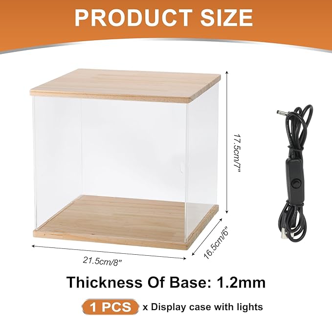 MECCANIXITY Clear Display Case, Acrylic Figure Display Case Clear Display Boxes for Collectibles, Figures Model Toys Home Storage(with Square LED Light, 8x6x7 Inch Wood Base)