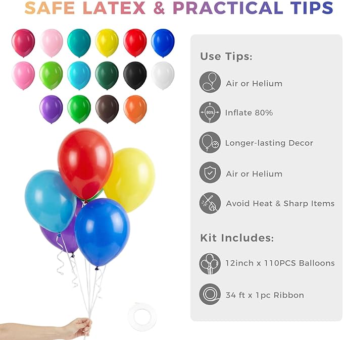 LovesTown 110PCS Latex Balloons 12inch, Colorful Helium Party Balloons Arch with Ribbon for Birthday Baby Shower Wedding Party Decorations (Pack of 2)