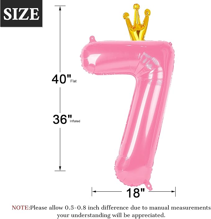 40 Inch Pink Number Balloon 0-9(Zero-Nine) with Crown, Big Size Happy Birthday Balloon, Foil Helium Big Number Balloon for Birthday Party,Wedding, Anniversary (PINK 7)