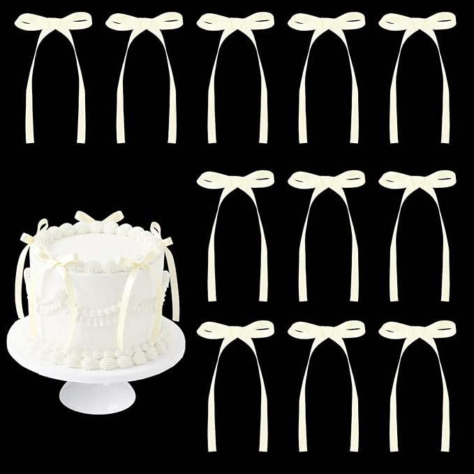 30 Pack Bow Cake Toppers Ivory Ribbons Bows for Cake Bow Cupcake Toppers Ivory Bow Birthday Decorations for Baby Shower Birthday Wedding Party Supplies