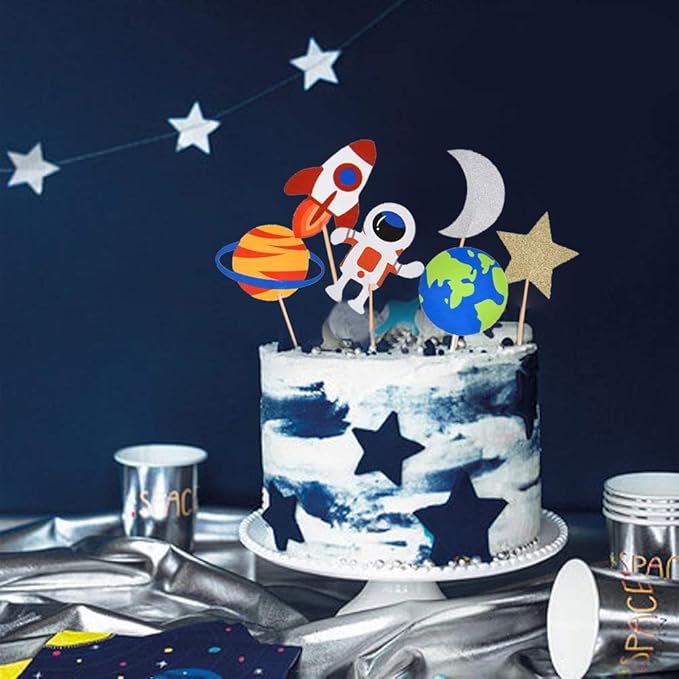 30pcs Outer Space Cupcake Toppers, Planet Party Supplies - Birthday Decorations, Rocket, Astronaut, Spaceship Themed Kids Children Party Supplies