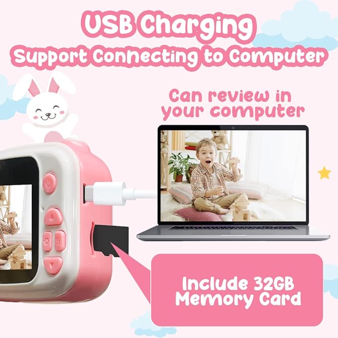 Kids Camera for Girls Boys 3-12 Years Old Selfie Children Camera Infant Toys Bunny 1080P HD Digital Video Camera for Toddler Christmas Easter Birthday Gifts with 32GB SD Card