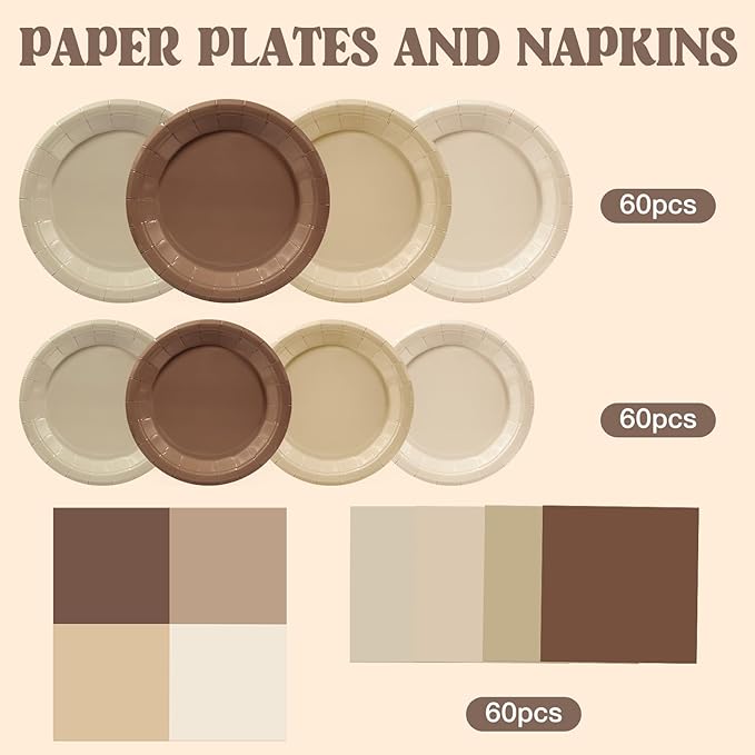 180pcs Gradient Brown Plates and Napkins Party Supplies,Brown Theme Birthday Party Paper Plates and Napkins Set,for Boho Baby Shower Wedding Gathering Party Decorations,Serve 60 Guests