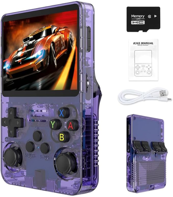 R36S Retro Handheld Gaming Console, 3.5 Inch IPS Screen, 22000+ Games Pre-Loaded, 128GB Storage, 26 Emulators, 3500mAh Battery, Linux System (Purple Transparent, 128 GB)