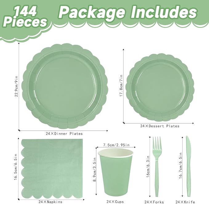 144Pcs Sage Green Party Supplies Sage Green Tableware Set Serve 24 Guests Includes Paper Plates Napkins Cups for Birthday Wedding Baby Shower Party Decorations