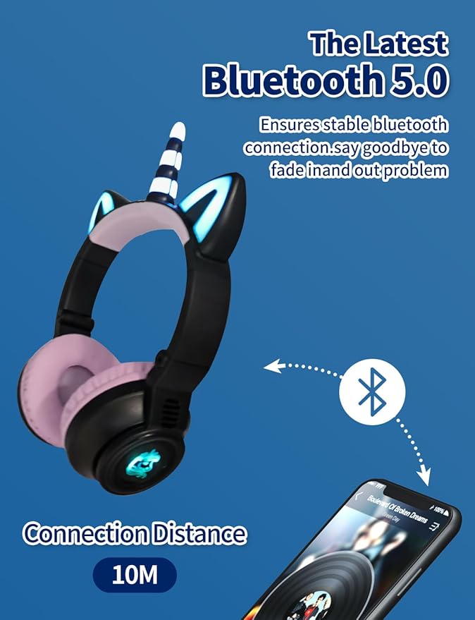 Unicorn Kids Headphones for Girls, Unicorn Bluetooth Headphones Foldable for Girls Toddlers Tablet/pad/Amazon fire,Light Up Kids Wireless Headphone Birthday Gifts (Black)
