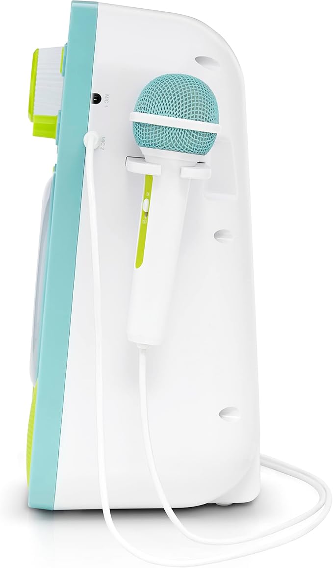 Singing Machine Kids SMK250BG Mood LED Glowing Bluetooth Sing-Along Speaker with Wired Youth Microphone Doubles as a Night Light, Blue/Green