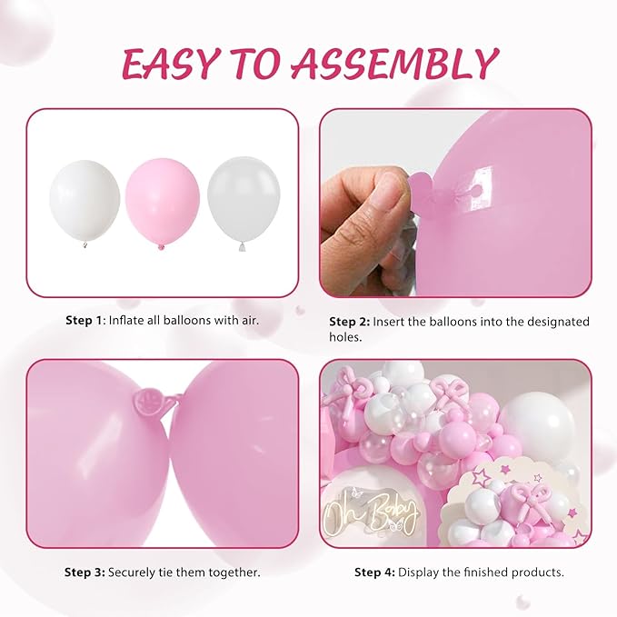 Pink and White Balloon Arch Kit,Baby Pink Clear Long Balloons for Girl Light Pink Latex Bow Birthday Party Decorations Wedding Baby Shower Bridal Engagement Anniversary Pink Bow Decor