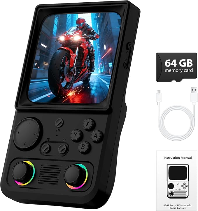 R36TMAX Retro Handheld Game Console, 4.0'' 720x720 IPS Screen, 64GB Supports 18000+ Classic Games, EmuELEC System Supports WiFi Networked Fighting and OTG, 4000mAh, with Portable Case(Black 64GB)