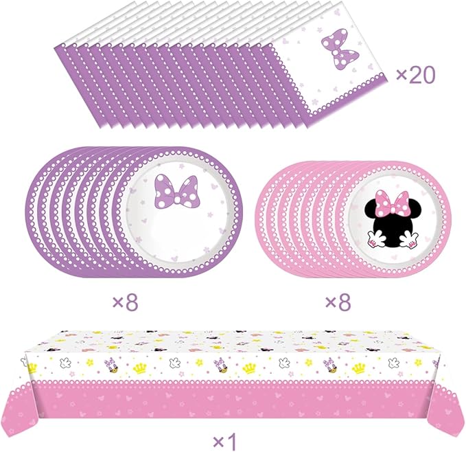 Party Tableware For Cute Mouse,16 pcs Paper Plates (8pcs 9 inch and 8pcs 7inch)-20 Napkin and Table Cloth 86” x 52”,Girl Cute Mouse Birthday Party Decorate Supplies