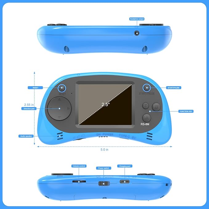 Handheld Games for Kids -16 Bit Retro Video Game with 220 HD Electronic Games - 2.5'' IPS Portable Travel Game Gifts for Boys Girls Ages 4-12 (Blue)
