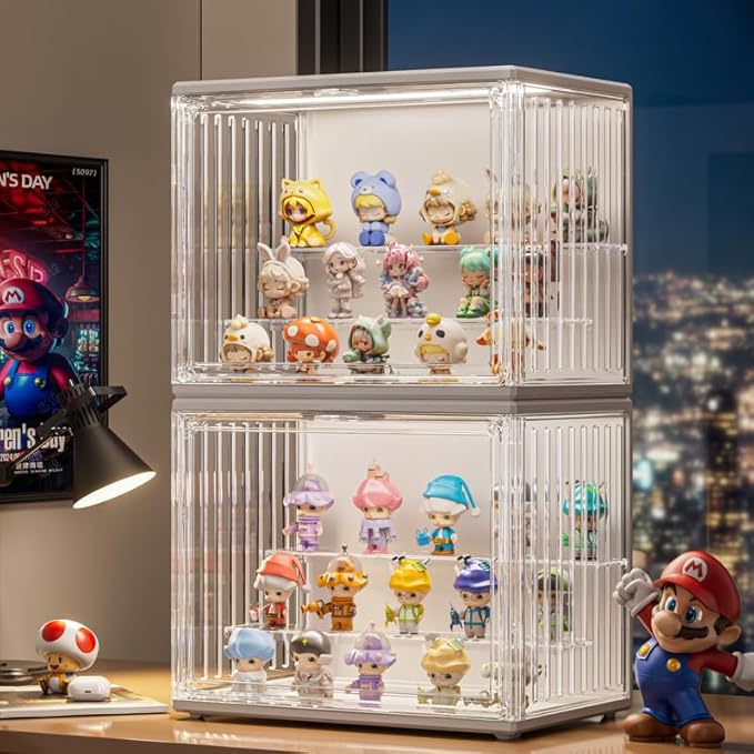 Clear Acrylic Display Case for Figures, Dustproof Figurine Storage Box with LED Lighting, Collectibles Showcase Cabinet for Anime Toys & Miniatures, Stackable Organizer for Desk & Room Decor