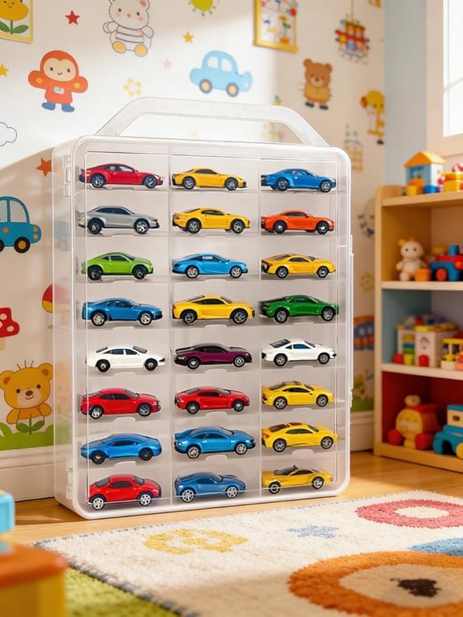 Double-Sided 1:64 Scale Toy Car Storage Case, 48-Slot Clear Organizer with Handle, Transparent Display & Storage Box Compatible with Most Die-Cast Model Cars (Case Only)