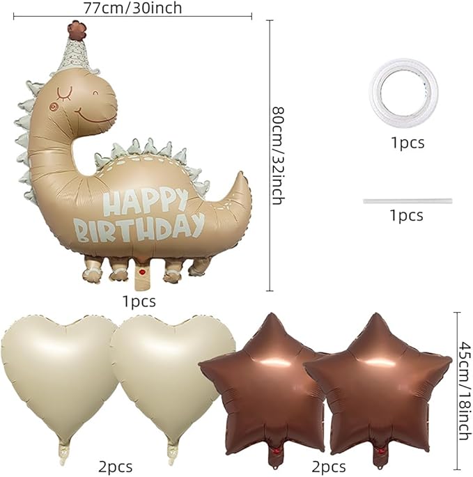 35''Nude Dinosaur Birthday Balloons &18''Brown Star Cream White Heart Foil Helium Balloon for Baby Shower Birthday Girl Boys Kids Dinosaur Theme Vintage Party Decorations Supplies 5Pcs