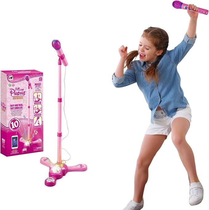Kids Karaoke Machine with Stand,Karaoke Machine Kid,Kids Microphone with Flashing Stage Lights Adjustable Stand Gift for Children