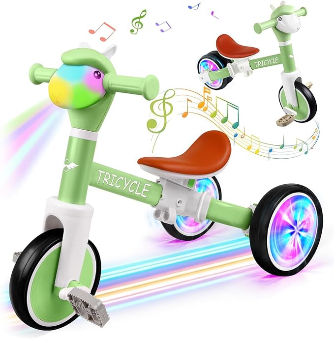 Toddler Balance Bike for Boys Girls, Tricycle for Toddlers 1-5 Year Olds, Toddler Tricycle with Light & Music Front, Kids Bicycle with Removable Pedal, Birthday Gifts for Kids (Flash Wheel Green)